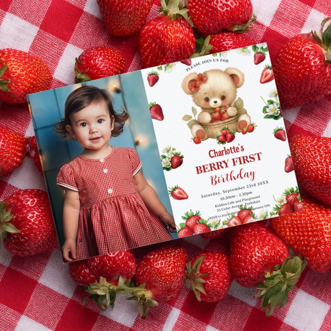 Convites Strawberry Bear Berry Foto do primeiro primeiro an (Criador carregado)