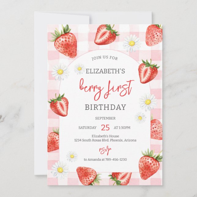Convites Strawberry Berry First 1st Birthday Invitation (Frente)