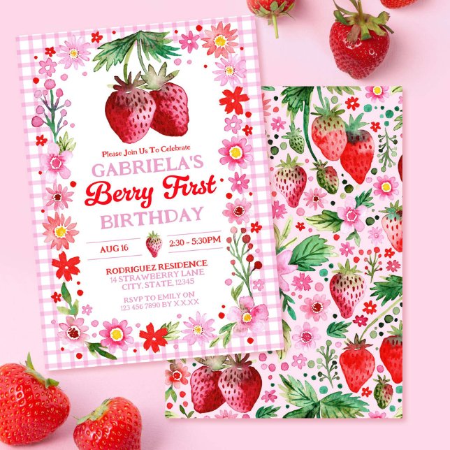 Convites Strawberry Berry First Birday Watercolor (Strawberry Berry First Birthday Watercolor Invitation)