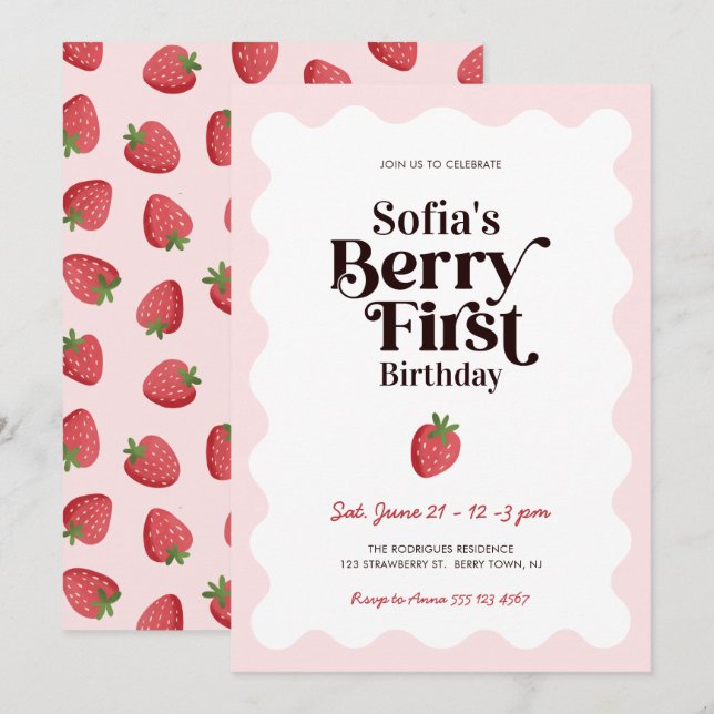 Convites Strawberry Berry First Birthday (Frente/Verso)