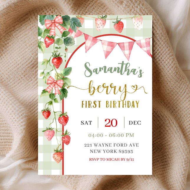 Convites Strawberry Berry First Birthday Invitation (Criador carregado)