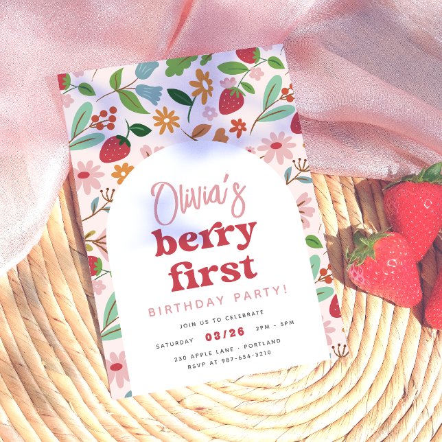 Convites Strawberry Berry First Festa de aniversário (Card Front Mock-up)