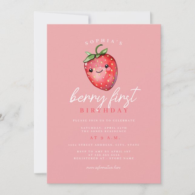Convites Strawberry Berry First primeiro aniversario (Frente)