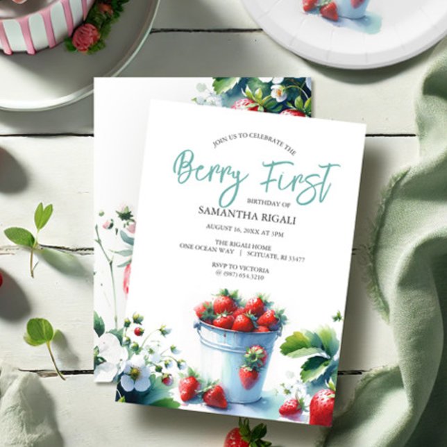 Convites Strawberry Berry Primeiro Aniversário (Berry first birthday invitation features watercolor strawberry art in shades of red. )