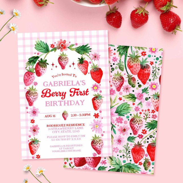 Convites Strawberry Berry primeiro aniversario Watercolor (Strawberry Berry 1st Birthday Watercolor Invitation)