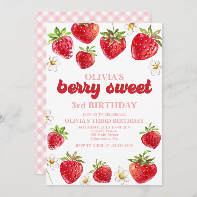 Convites Strawberry Berry Sweet Birthday (Frente/Verso)
