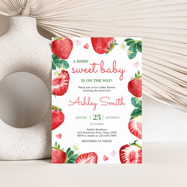 Convites Strawberry Berry Sweet Chá de fraldas (A Berry Sweet Strawberry Baby Shower Invitation)
