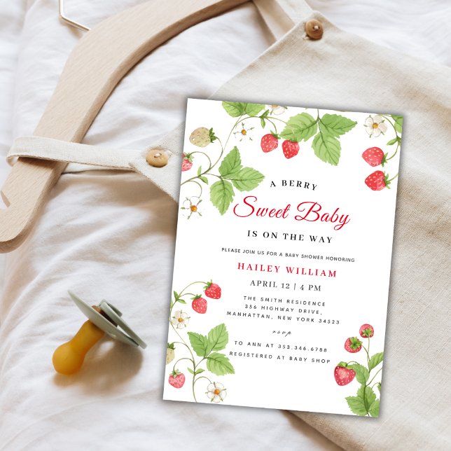 Convites Strawberry Berry Sweet Greenery Chá de fraldas (Strawberry Berry Sweet Greenery Baby Shower Invitation)