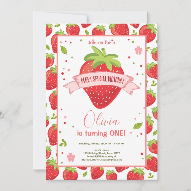 Convites Strawberry Berry Sweet Pink Red First Birday (Frente)