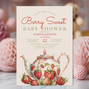 Convites Strawberry Berry Sweet Teapot Chá de fraldas