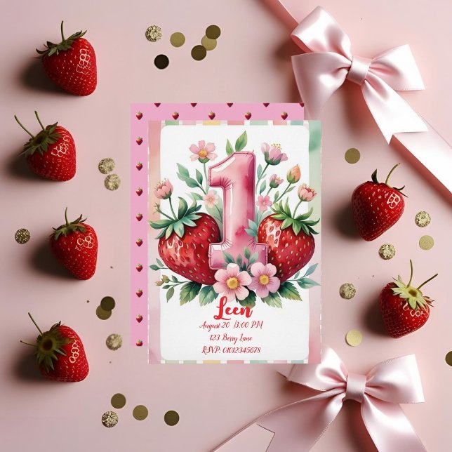 Convites Strawberry Birthday Invitation | Cute Pink Red Gir (Criador carregado)