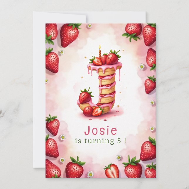 Convites Strawberry Birthday - Letra J Tema de Bolo (Frente)