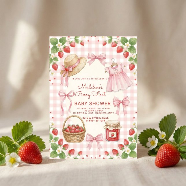 Convites Strawberry bow baby shower First Berry Sweet (Criador carregado)