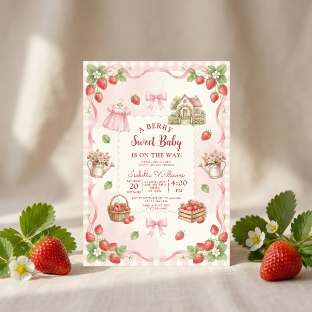 Convites Strawberry bow baby shower First Berry Sweet (Criador carregado)