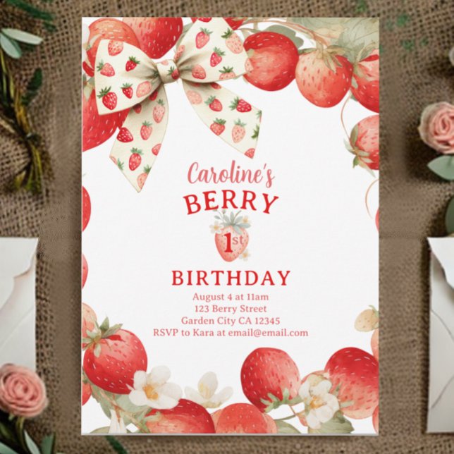 Convites Strawberry Bow Girls Berry First Birthday (Criador carregado)