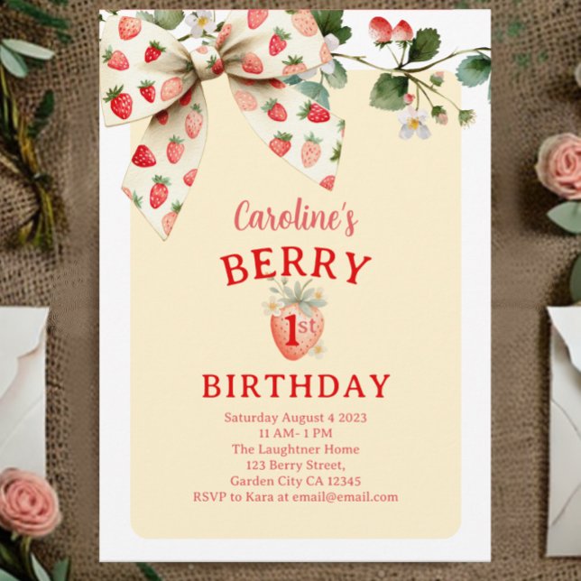 Convites Strawberry Bow Girls Berry First Birthday (Criador carregado)
