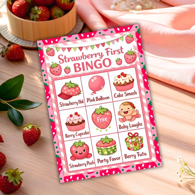 Convites Strawberry First Birthday Celebration Bingo Card (Criador carregado)
