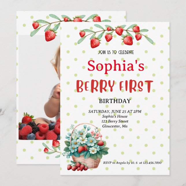 Convites Strawberry First Festa de aniversário Berry 1rua F (Frente/Verso)