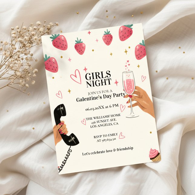 Convites Strawberry Galentine's Girls Night Party  (Criador carregado)