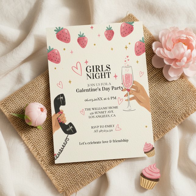 Convites Strawberry Galentine's Girls Night Party  (Criador carregado)