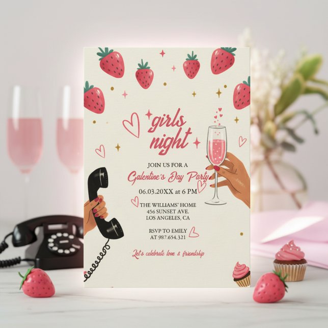 Convites Strawberry Galentine's Girls Night Party  (Strawberry Party Invite)
