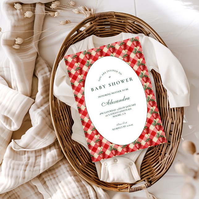 Convites Strawberry Gingham Cottage Baby Shower (Criador carregado)