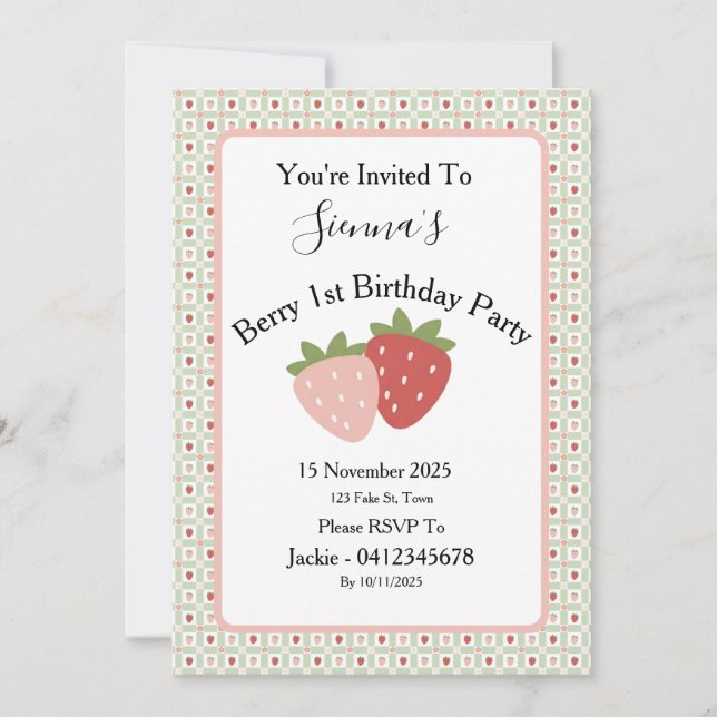 Convites Strawberry Gingham First Birthday Party (Frente)