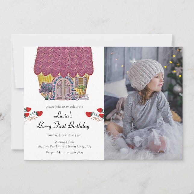 Convites Strawberry House Berry First Girl primeiro anivers (Frente)