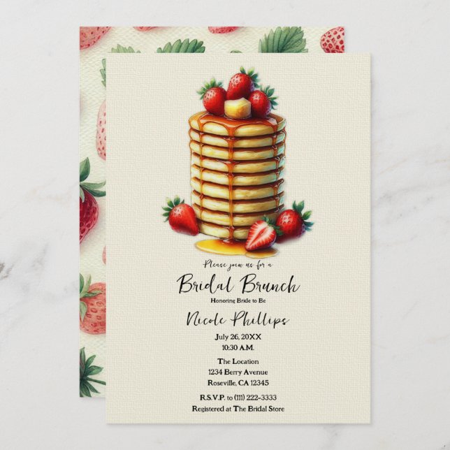 Convites Strawberry Pancakes Stack Bridal BrunChá (Frente/Verso)