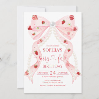 Convites Strawberry Pink Bow Pearl 1st Birthday
