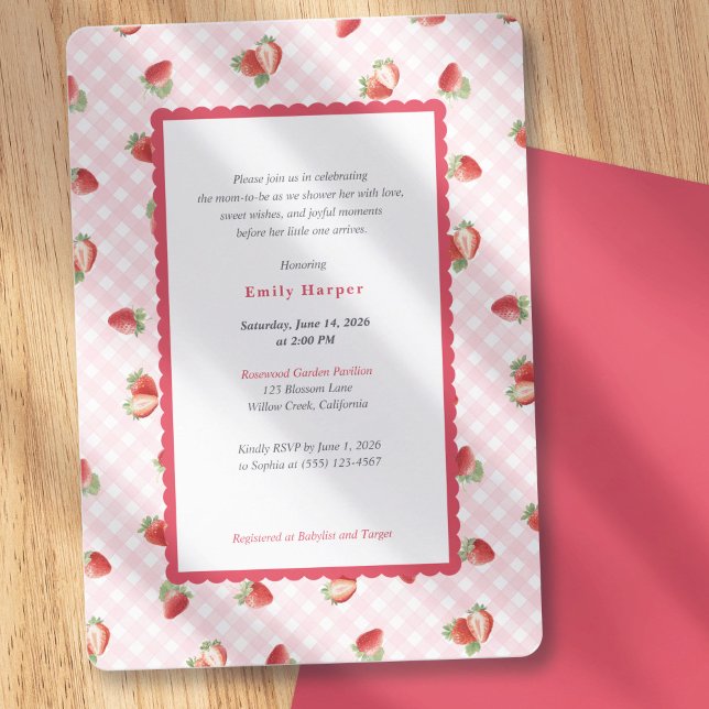 Convites Strawberry Pink Gingham Baby Girl Shower (Spring Fruits Themed Baby Shower, Strawberry Pink Gingham-Baby Girl Shower Invitations)