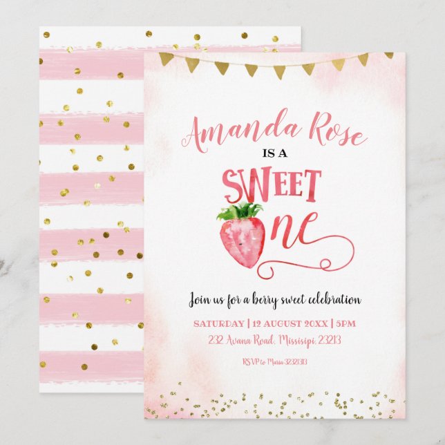 Convites Strawberry Sweet One First Birthday (Frente/Verso)