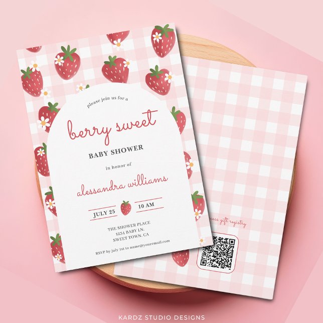 Convites Strawberry Watercolor Berry Sweet Girl Chá de fral (Berry Sweet Invite shown in 5x7 inch, add details and URL for QR Code.)