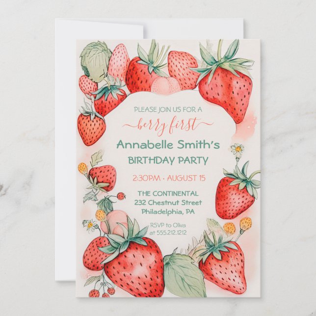 Convites Strawberry Watercolor Cute Berry Primeiro Aniversá (Frente)