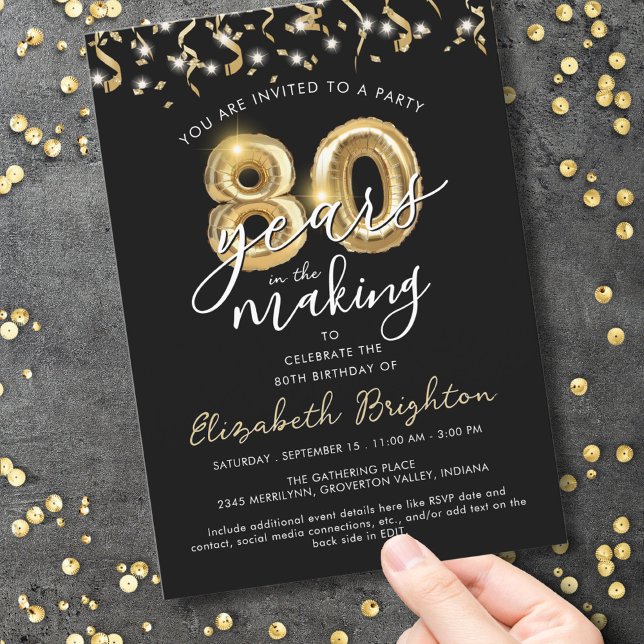 Convites Streamers de Balões de Script de Aniversário do 80 (Criador carregado)