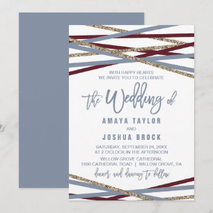 Convites Streamers de Dusty Blue e Cranberry Casamento de