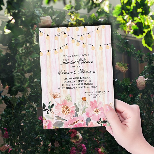 Convites String de Chá de panela Floral das Luzes (String of lights and pink garden flowers bridal shower invitations)