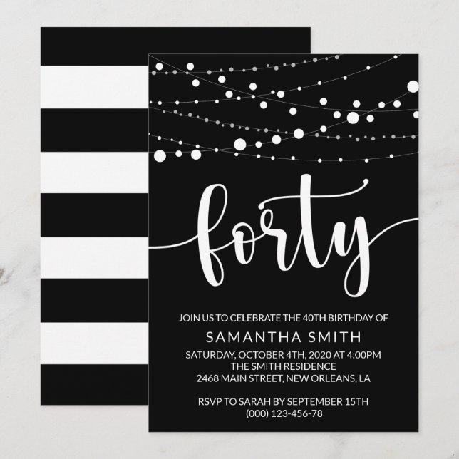 Convites String De Luzes, Garland Leve, aniversário de 40 a (Frente/Verso)