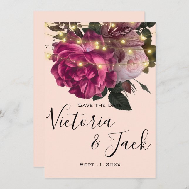 Convites string light Flor Burgundy salvar as datas (Frente/Verso)