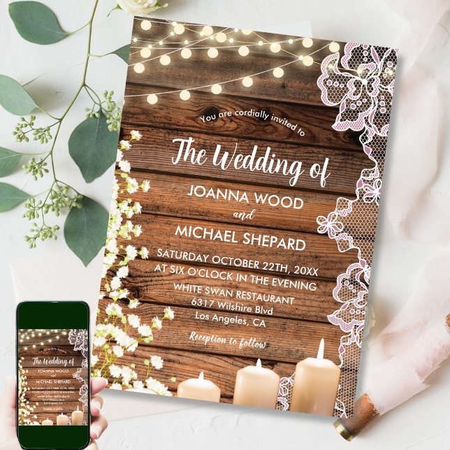 Convites String Lights Baby's Breath & Lace Wood Wedding (Criador carregado)