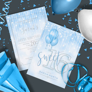 Convites String Lights & Balloons Sweet 16 Lt. Blue ID473