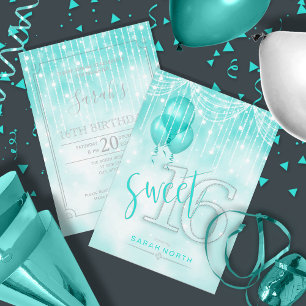 Convites String Lights & Balloons Sweet 16 Teal ID473