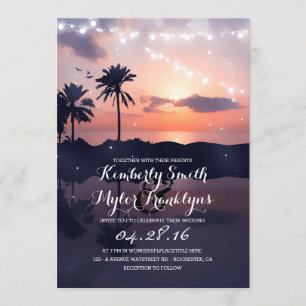 Convites String Lights Beach Palms Sunset Casamento