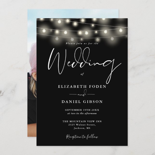 Convites String Lights Black And White Photo Wedding (Frente/Verso)