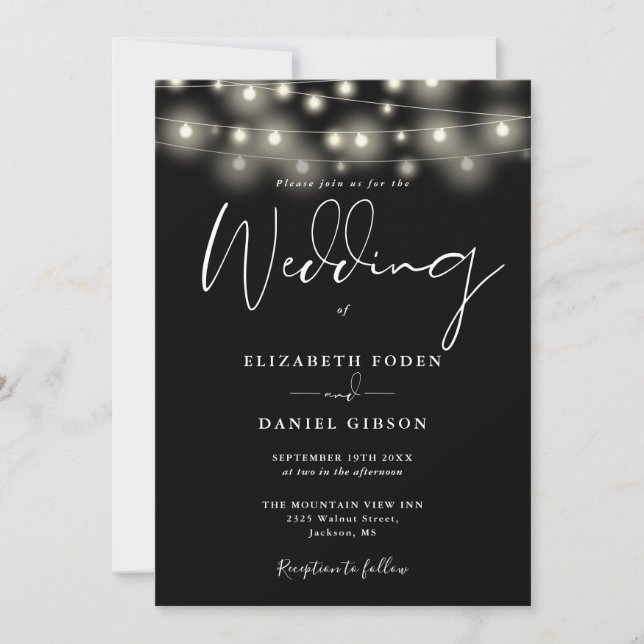 Convites String Lights Black And White QR Code Wedding (Frente)