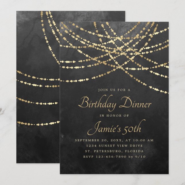 Convites String Lights Black Dourado Birthday Janta (Frente/Verso)