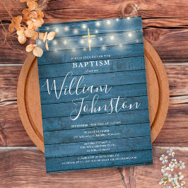Convites String Lights Blue Rustic Wood Baptism Christening