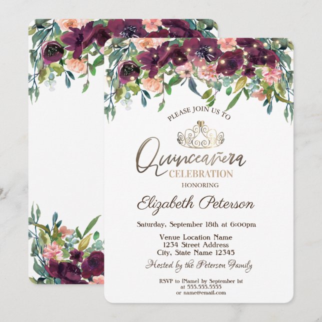 Convites String Lights Burgundy Flowers Quinceañera (Frente/Verso)