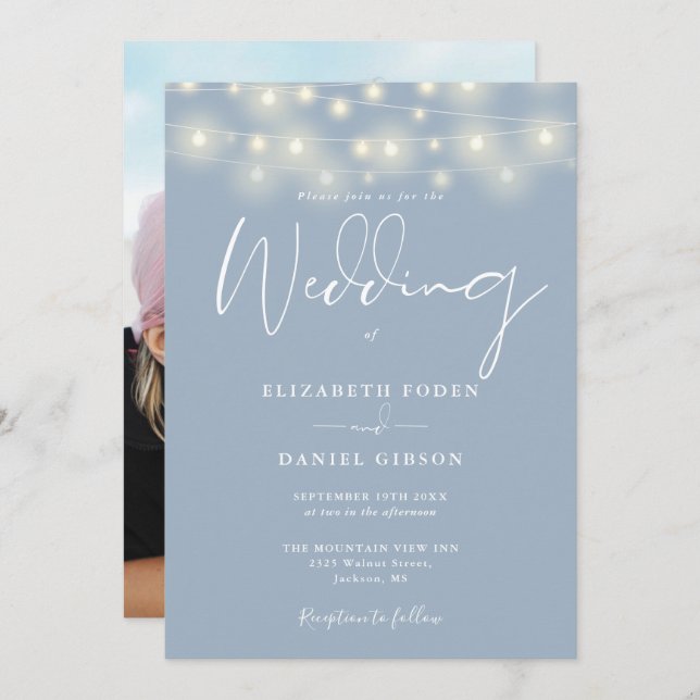 Convites String Lights Dusty Blue Photo Wedding (Frente/Verso)