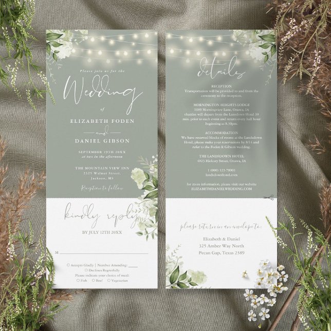Convites String Lights Floral Sage Green - Tudo Em Um Casam (String Lights Floral Sage Green All In One Wedding Invitation)